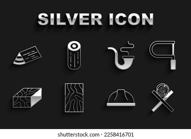 Set Wooden beam, Hacksaw, logs on stand, Worker safety helmet, Smoking pipe,  and  icon. Vector