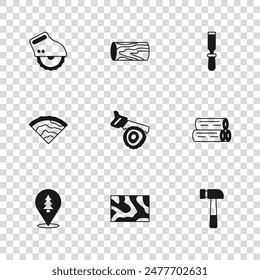 Set Wooden beam, log, Hammer, Hand saw and, Chisel tool, Electric circular,  and  icon. Vector