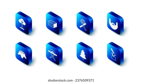Set Wooden beam, logs on stand, Mustache beard, axe in stump, Christmas tree, Electric circular saw, Tree and  icon. Vector
