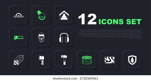 Definir Feixe de madeira, Escudo com árvore, Lumberjack, logs, serra de hackers, machado, circular elétrica e ícone de martelo. Vetor