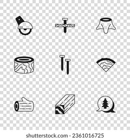 Set Wooden beam, Tree, Metallic nails, stump, Electric circular saw,  and logs icon. Vector