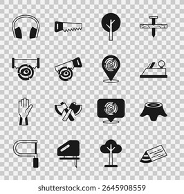 Set Wooden beam, Tree stump, plane tool, Hand saw and log, Two-handed, Headphones and logs icon. Vector