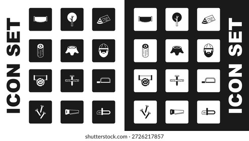 Conjunto Viga de madera, tocón del árbol, troncos, sierra para dos manos, leñador, sierra e icono. Vector