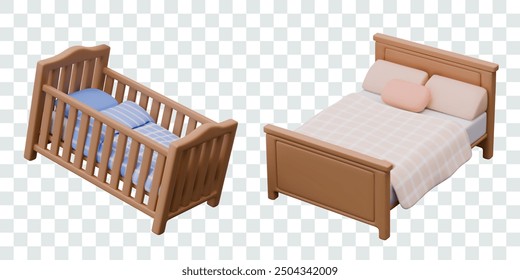 Set of wooden beds for adults and children. Modern bedroom furniture