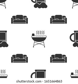 Set Wooden beer mug , Barbecue grill  and Sofa  on seamless pattern. Vector