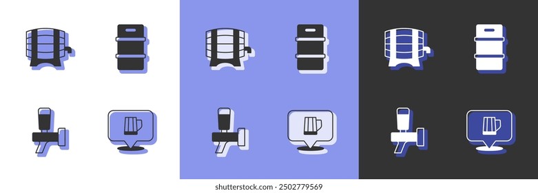 Set Wooden beer mug, barrel on rack, Beer tap and Metal keg icon. Vector