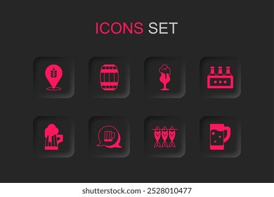 Set Wooden beer mug, barrel, Wheat, Dried fish, Pack of bottles, Glass,  and  icon. Vector