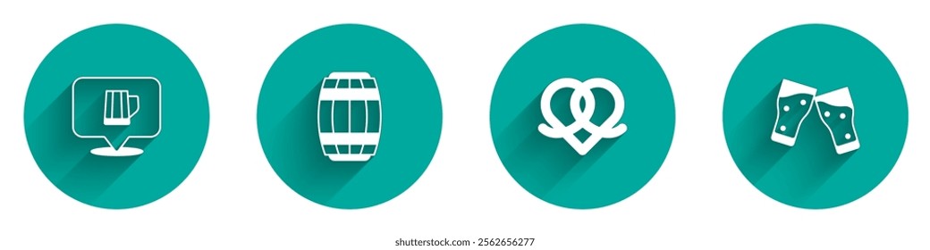 Set Wooden beer mug, barrel, Pretzel and Glass of icon with long shadow. Vector