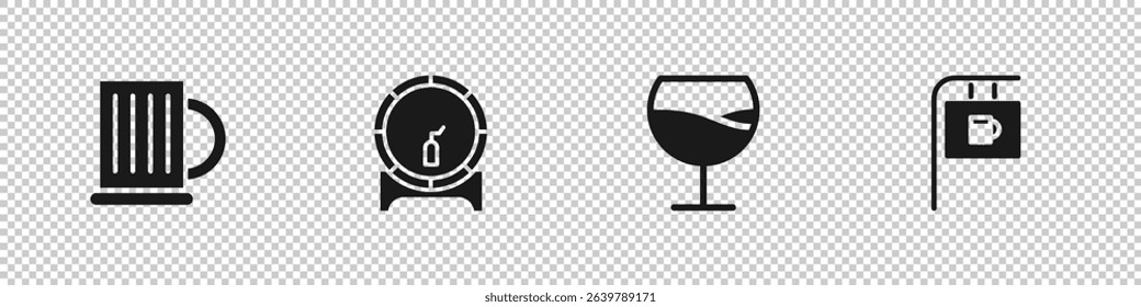 Set Wooden beer mug, barrel on rack, Wine glass and Street signboard with Bar icon. Vector