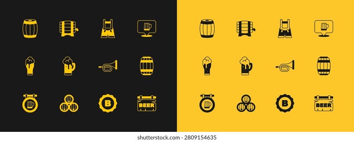 Set Wooden beer mug, barrel, Trumpet, Bottle cap, Glass of, Lederhosen,  and on rack icon. Vector