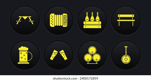 Set Wooden beer mug, Bench, Glass of, barrels, Pack bottles, Accordion, Banjo and Picnic table with benches icon. Vector