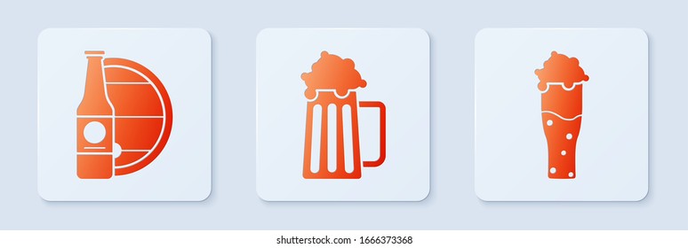 Set Wooden beer mug, Beer bottle and wooden barrel and Glass of beer. White square button. Vector