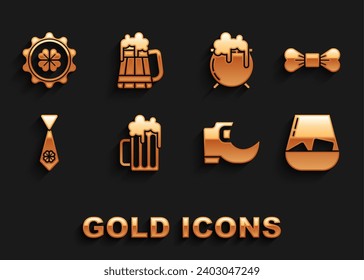 Set Wooden beer mug, Bow tie, Glass of whiskey, Tradition leprechaun boots, Tie with four leaf clover, Witch cauldron, Bottle cap and  icon. Vector