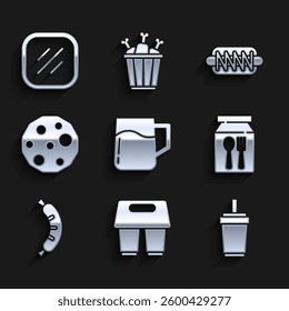 Set Wooden beer mug, Coffee cup to go, Paper glass with straw, Online ordering and delivery, Hotdog, Cookie biscuit, sandwich and Steak meat icon. Vector