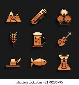 Set Wooden beer mug, Fish, Costume for women dirndl, Violin, Oktoberfest hat, Wheat, barrels and Mountains icon. Vector