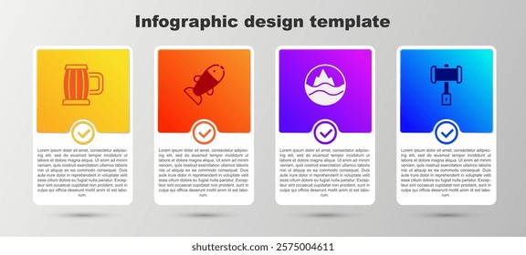 Set Wooden beer mug, Fish, Sea and waves and Battle hammer. Business infographic template. Vector