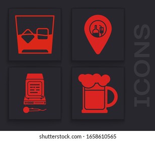 Set Wooden beer mug , Glass of whiskey and ice cubes , Alcohol or beer bar location  and Karaoke  icon. Vector