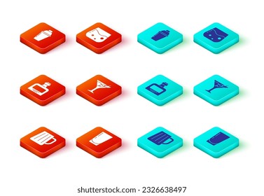 Set Wooden beer mug, Glass with water, Whiskey bottle, Martini glass, of whiskey and Cocktail shaker icon. Vector