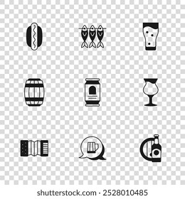Set Wooden beer mug, Glass of, Beer bottle and wooden barrel, can, Hotdog sandwich, Dried fish and  icon. Vector