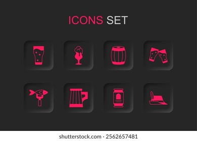 Set Wooden beer mug, Glass of, Beer can, Oktoberfest hat, barrel and Dried fish icon. Vector