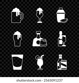 Set Wooden beer mug, Glass of, Cocktail shaker with lime, Shot glass, Beer bottle and can,  and Whiskey icon. Vector