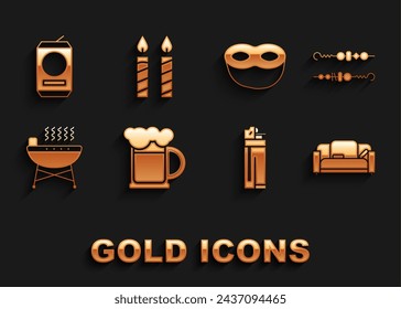 Set Wooden beer mug, Grilled shish kebab, Sofa, Lighter, Barbecue grill, Festive mask, Beer can and Birthday cake candles icon. Vector