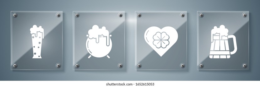Set Wooden beer mug, Heart with four leaf clover, Witch cauldron and Glass of beer. Square glass panels. Vector