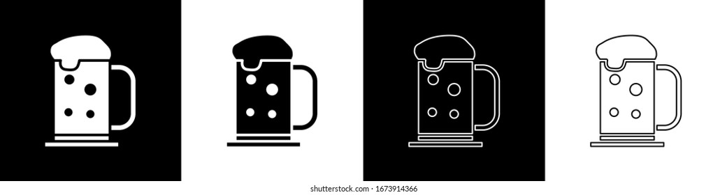 Set Wooden beer mug icon isolated on black and white background.  Vector Illustration