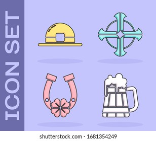 Set Wooden beer mug, Leprechaun hat, Horseshoe with four leaf clover and Celtic cross icon. Vector