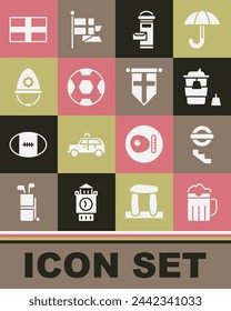 Set Wooden beer mug, London underground, Coffee cup to go, mail box, Football ball, British police helmet, Flag England and flag pennant icon. Vector