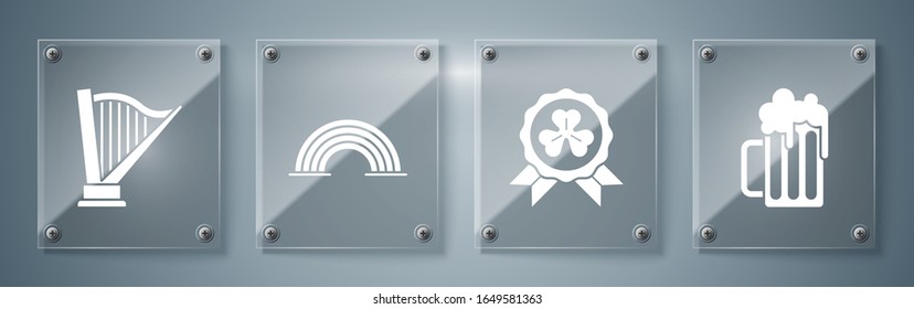 Set Wooden beer mug, Medal with four leaf clover, Rainbow and Harp. Square glass panels. Vector
