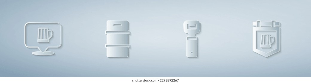 Set Wooden beer mug, Metal keg, Bottle opener and Street signboard with. Paper art style. Vector