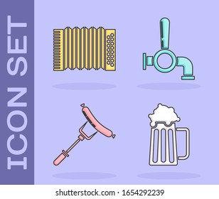 Set Wooden beer mug, Musical instrument accordion, Sausage on the fork and Beer tap icon. Vector