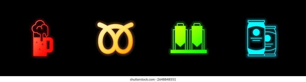 Set Wooden beer mug, Pretzel, Beer brewing process and can icon. Vector
