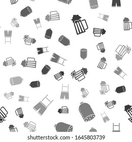 Set Wooden beer mug, Salami sausage, Glass of beer and hop and Lederhosen on seamless pattern. Vector