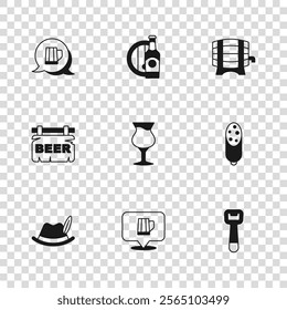 Set Wooden beer mug, Salami sausage, Bottle opener, Glass of, barrel on rack, Beer bottle and wooden and Street signboard with icon. Vector