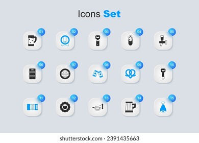 Set Wooden beer mug, Sausage, barrel on rack, Accordion, Chicken leg, Bottle opener, Glass of and Beer can icon. Vector