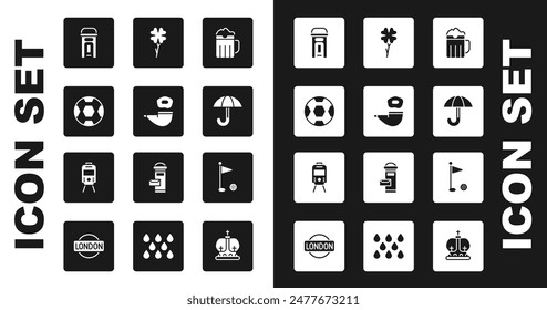 Set Wooden beer mug, Smoking pipe, Football ball, London phone booth, Umbrella, Four leaf clover, Golf flag and Tram and railway icon. Vector