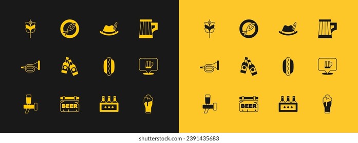 Set Wooden beer mug, Street signboard with Beer, Hotdog sandwich, Pack of bottles, Oktoberfest hat, Wheat and Dried fish icon. Vector