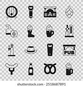 Set Wooden beer mug, Street signboard with Pub, Beer tap glass, Bar, Boot, brewing process, barrel and Glass of icon. Vector