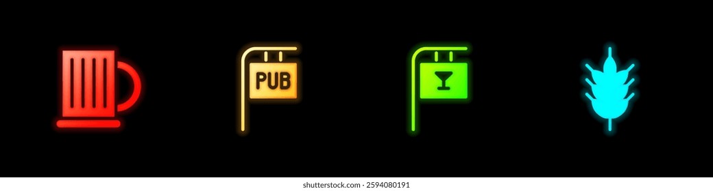 Set Wooden beer mug, Street signboard with Pub, Bar and Hop icon. Vector