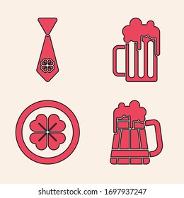 Set Wooden beer mug, Tie with four leaf clover, Wooden beer mug and Gold coin with four leaf clover icon. Vector