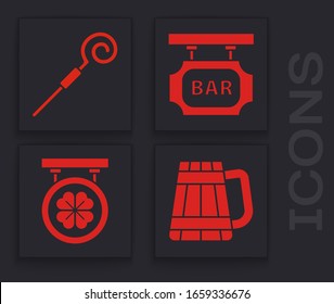 Set Wooden beer mug, Walking stick, Street signboard with inscription Bar and Street signboard with four leaf clover icon. Vector