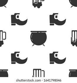 Set Wooden beer mug, Witch cauldron and Tradition leprechaun boots on seamless pattern. Vector