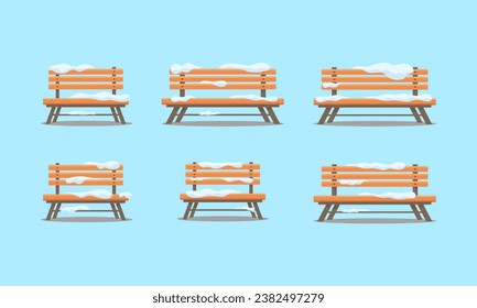 Set of Wooden bench with snow isolated on white background. The bench is covered with snow. Winter