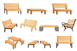 Set Of Wooden Bench With Steel Wood Or Concrete Legs Outdoor Park Furniture Vector Illustration Isolated On White Background