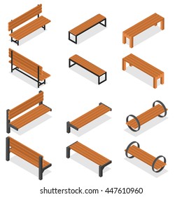 Set of wooden benches for the Park. Isometric style. A place to rest and wait. Decorative city element. Pew for people. Vector illustration.