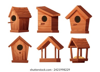 Poner el alimentador de aves de madera y la casa de pájaros con techo, agujero y semillas al estilo de dibujos animados aislados sobre fondo blanco. Construcción colgante, cuidado de pájaros.