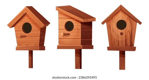 Set Wooden bird house, place for nest, empty decoration in cartoon style textured wood object isolated on white background. Springtime decoration, hanging home.