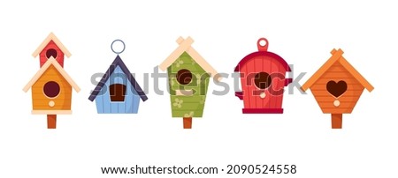 Set of Wooden Bird Houses, Colorful Feeders of Different Design with Slope Roof. Birdhouses, Home or Nest with Round, Arched or Heart Holes Sweet Homes. Cartoon Vector Illustration, Icons, Clip Art Сток-фото © 